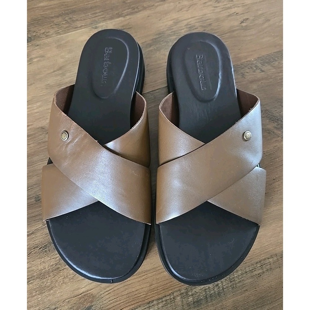 Barbour Marco Slide Leather Upper Criss-Cross Strap Sandal Brown EU43/US10/UK9